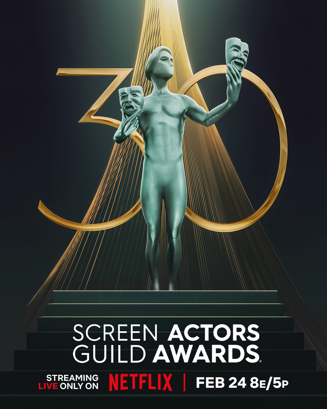 30th Annual Screen Actors Guild Awards Poster - The Actor statue is spotlit with 3 and 0 on either side.