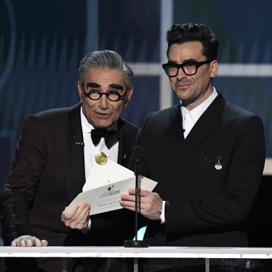 (L-R) Eugene Levy and Dan Levy speak